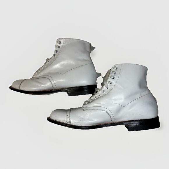Stacy Adams White Leather Cap Toe Dress Boots Men’s 7.5D Lace Up Formal Vintage - Picture 2 of 10